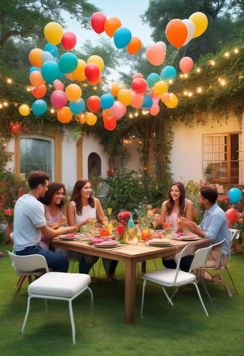 A lively outdoor celebration scene featuring diverse groups of people engaged in joyful activities, decorated with vibrant balloons and fairy lights. Include a beautifully set long dining table with colorful dishes and drinks, surrounded by greenery. Capture moments of laughter, dancing, and heartfelt conversations to evoke a sense of unforgettable joy. super-realistic. vibrant colors. 3D.