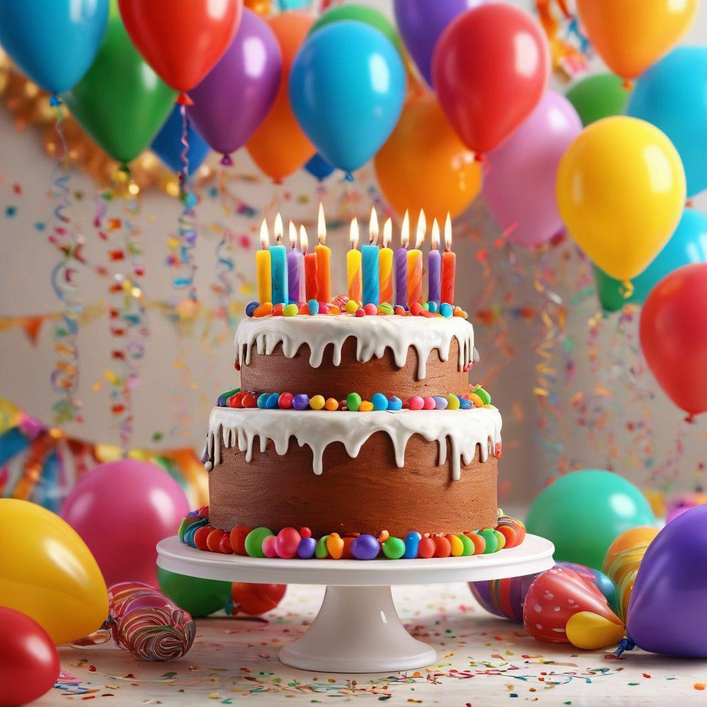 A vibrant celebration scene featuring a whimsical cake adorned with colorful candles, surrounded by various festive decorations like balloons and streamers. Incorporate elements representing different occasions, such as birthday hats and anniversary flowers, all radiating joy and excitement. In the background, cheerful friends and family are enjoying themselves in a lively party atmosphere. super-realistic. vibrant colors. 3D.